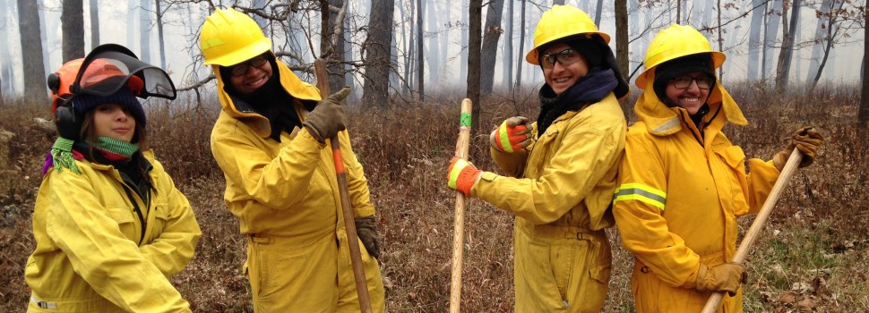 Eduardo Paz and the Forest Preserve Leadership Corps participate in a prescribed burn at McMahon Woods.