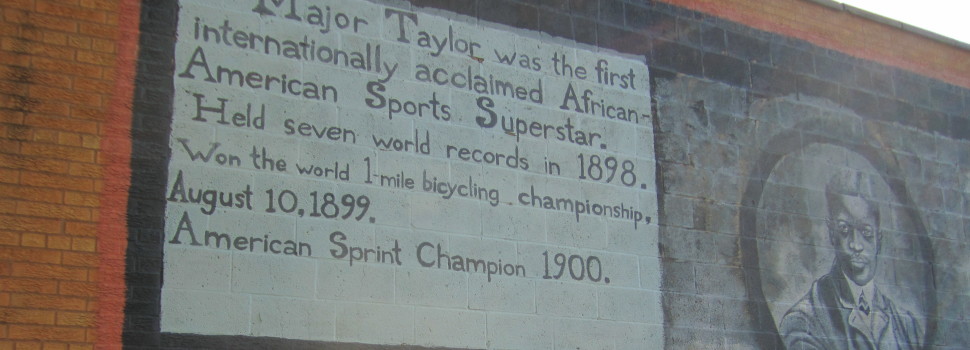 This mural honors Marshall "Major" Taylor, the first African-American man to win a world championship in cycling in 1899.